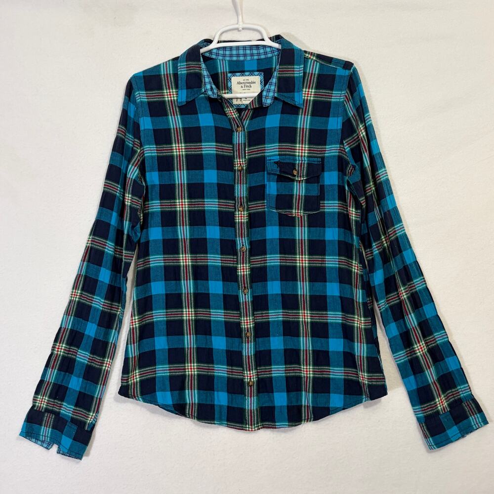 A&F Shirt Womens Large Blue Y2K Plaid Long Sleeve Vintage Button Down Top